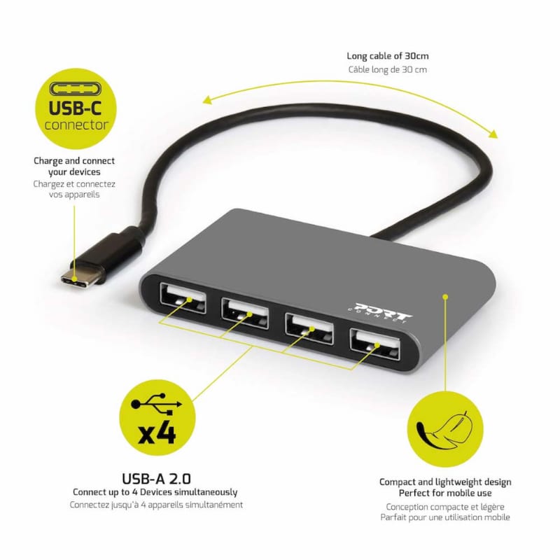 Port USB Type-C to 4 x USB2.0 480Mbs 4 Port Hub - Black-4