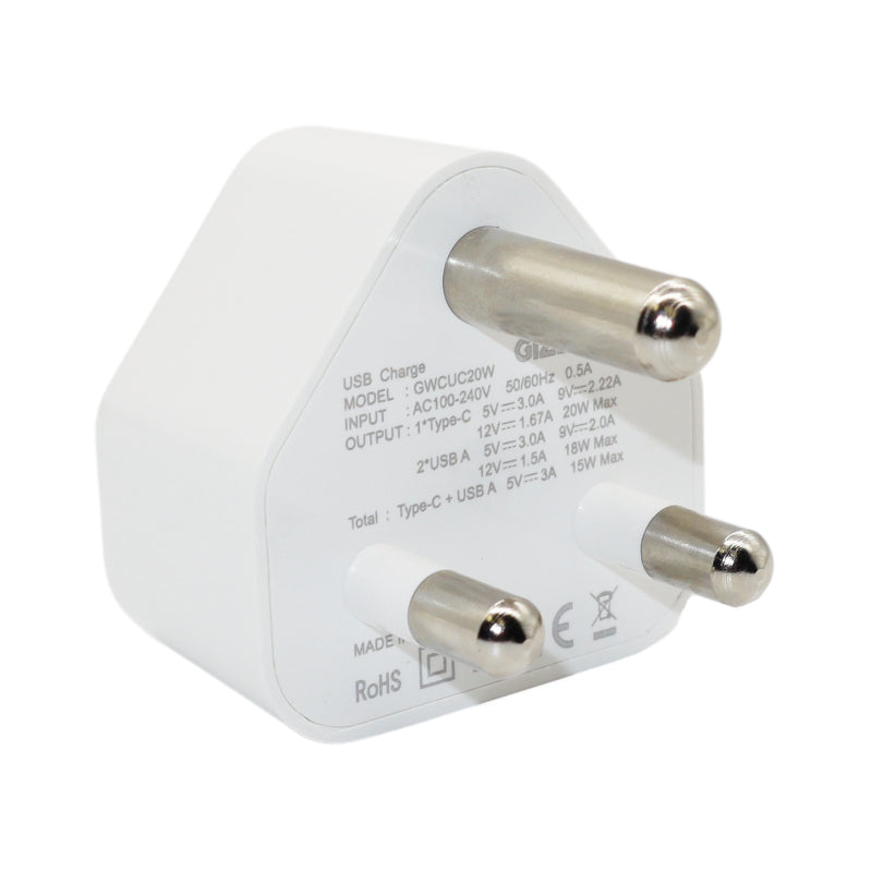 GIZZU Wall Charger Type C 20W|USB SA 3 Prong - White-2